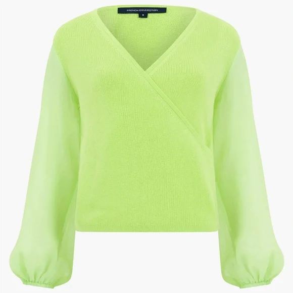 NWT French Connection Mozart Melody Mix V-Neck Jumper Lime Green Balloon Sleeves - Picture 9 of 9